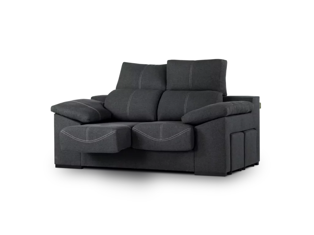 sofa galaxy 2 cuerpos 2 modulos abugar con asientos extensibles y apoya cabeza con 5 posiciones con dos puff y baulero