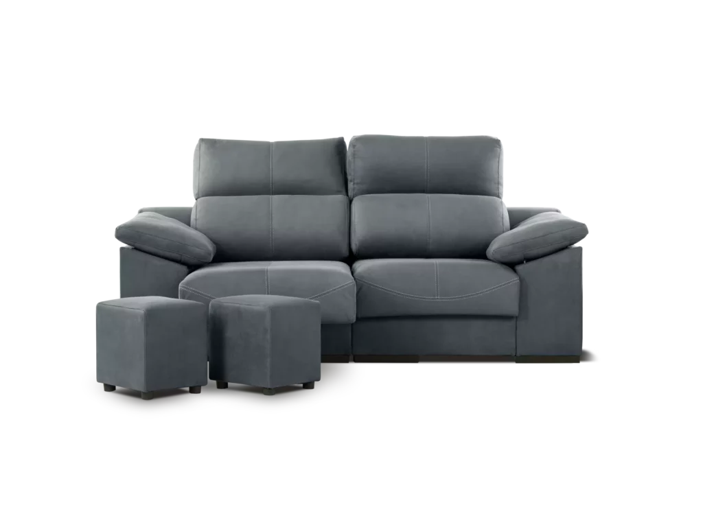 sofa galaxy 3 cuerpos 2 modulos abugar con asientos extensibles y apoya cabeza con 5 posiciones con dos puff y baulero