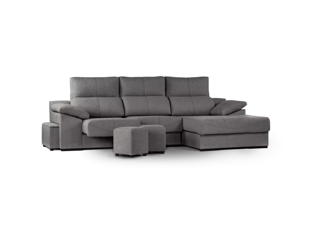 sofa galaxy 2 modulos con chaise longue abugar con asientos extensibles y apoya cabeza con 5 posiciones con dos puff y baulero