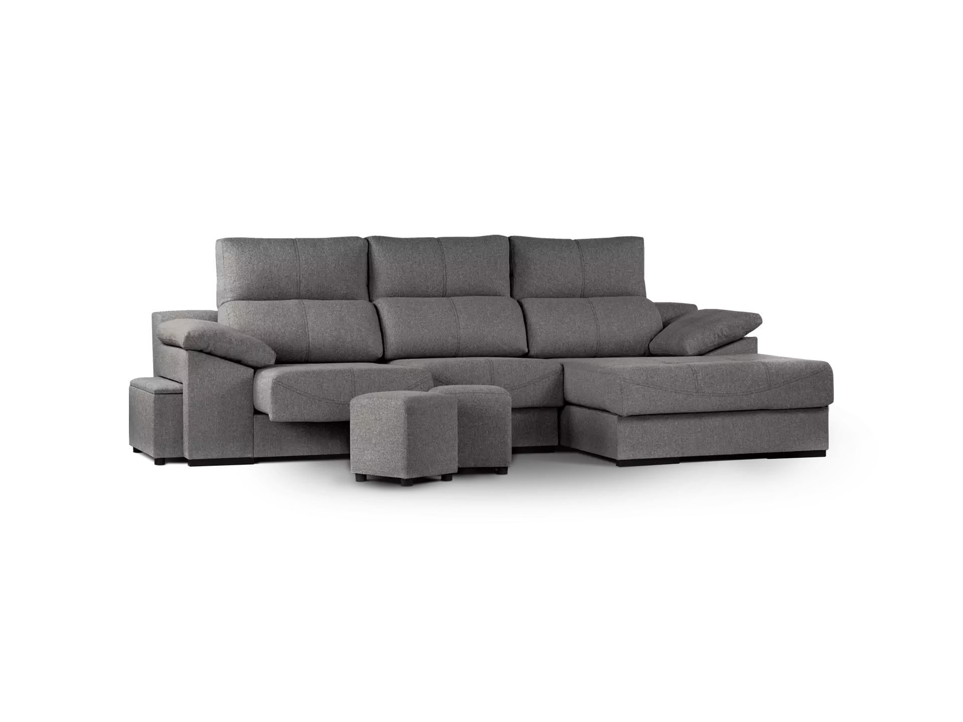 sofa galaxy 2 modulos con chaise longue abugar con asientos extensibles y apoya cabeza con 5 posiciones con dos puff y baulero