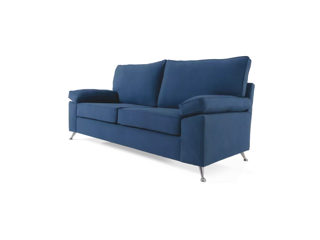 sofa italiano abugar visto de frente tres cuartos azul tela pana