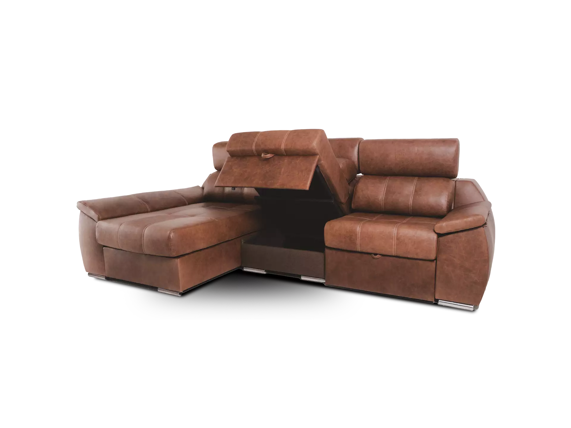 sofa olympo 3 modulos con chaise longe categoria lusso cuero lujo chocolate modulo abierto
